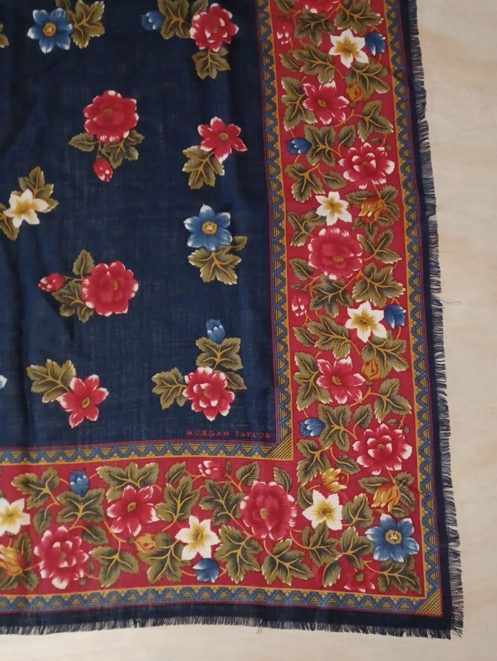 Morgan Taylor Vintage Floral Square Scarf Navy Red Eyelash Fringe Boho 30×30
